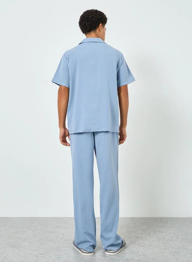 Styli  Men Blue Buttoned Shirt and Relaxed Pyjama Set for Men | Best Price UAE