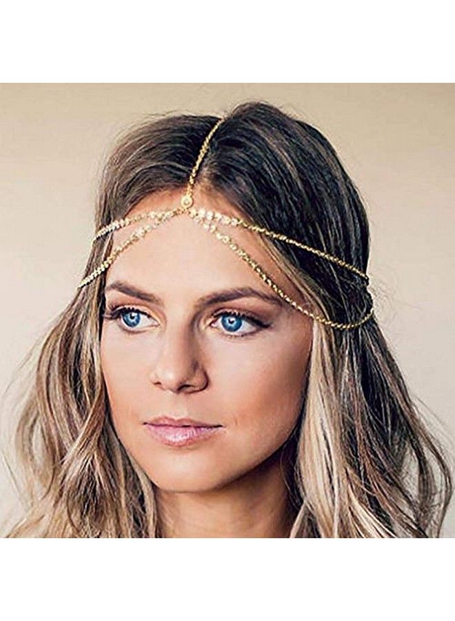 Aukmla سلسلة رأس بوهيمية مزينة بالخيوط اللامعة لحفلات الزفاف وإكسسوار الشعر لموسم الربيع والصيف وعيد الميلاد للنساء والفتيات (ذهبي) - Image 3