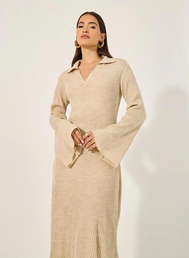 Styli Ribbed Flared Sleeve Dress