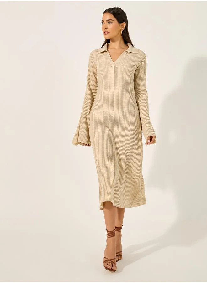 ستايلي Textured Ribbed V-Neck Sheath Midi Dress