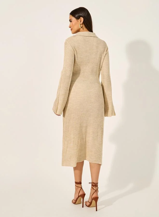 Styli Ribbed Flared Sleeve Dress