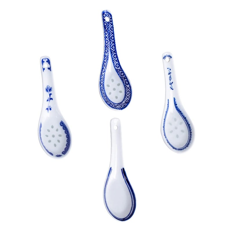 Ceramic Soup Spoons Set of 4 Floral Design Chinese Style Rice Porridge Utensils - Image 2