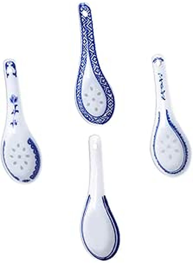 Ceramic Soup Spoons Set of 4 Floral Design Chinese Style Rice Porridge Utensils - Image 1