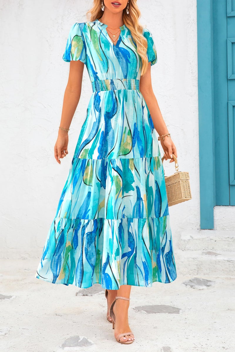 MASCOMODA Summer Boho Maxi Dress for Women 2026 Casual Puff Short Sleeve Smocked V Neck Flowy Beach Long Floral Dresses(Blue Watercolour,Small) - Image 4