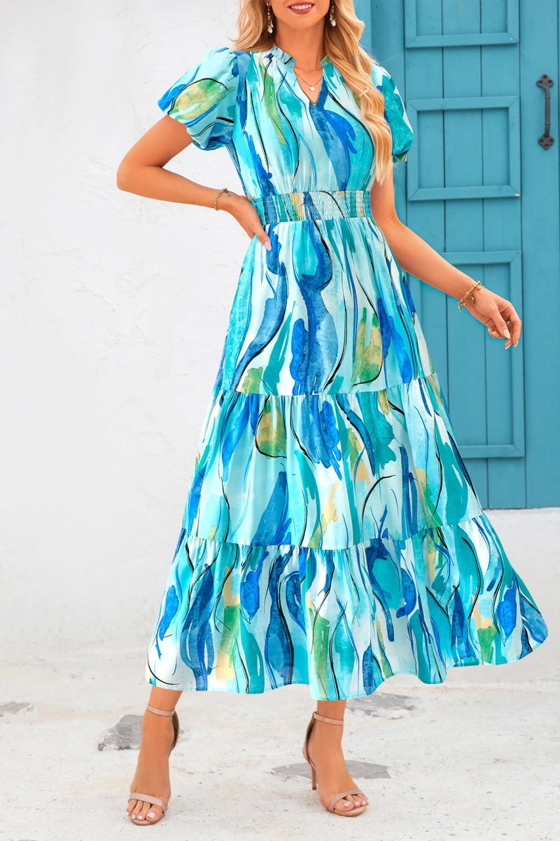 MASCOMODA Summer Boho Maxi Dress for Women 2026 Casual Puff Short Sleeve Smocked V Neck Flowy Beach Long Floral Dresses(Blue Watercolour,Small) - Image 2