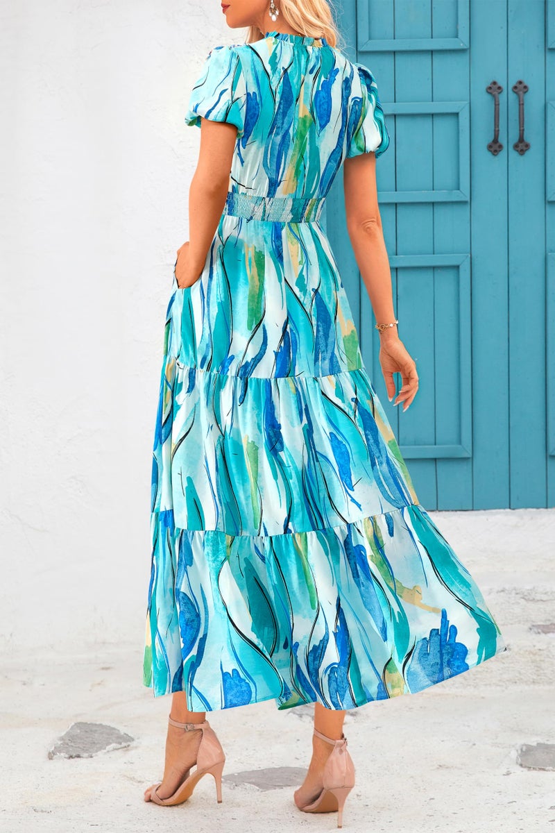 MASCOMODA Summer Boho Maxi Dress for Women 2026 Casual Puff Short Sleeve Smocked V Neck Flowy Beach Long Floral Dresses(Blue Watercolour,Small) - Image 3