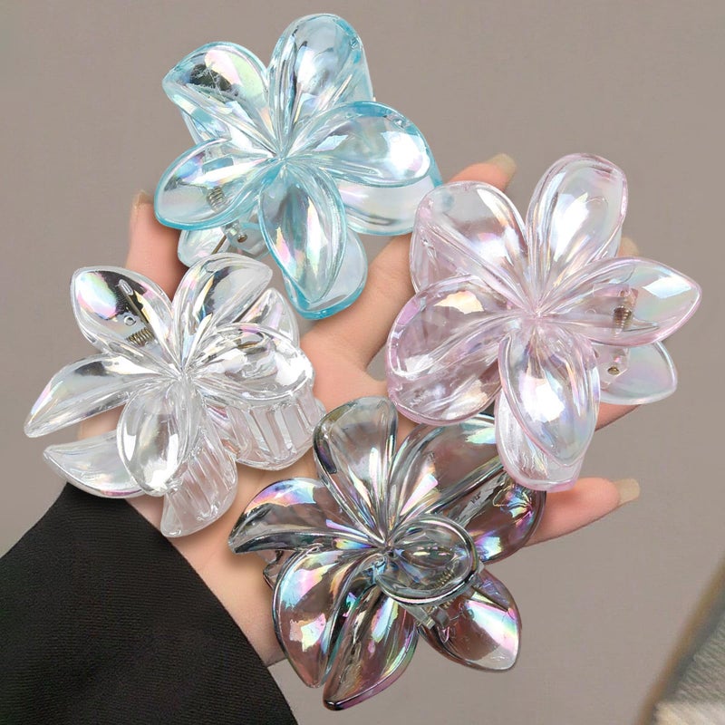 Tobeffect Flower Hair Clips for Women, 4 Pcs Clear Color Hawaiian Flower Hair Claw Clips, Sparkly Cute Large Hibiscus Hair Claw Decorative Accessories For Thick and Thin Hair - Image 1