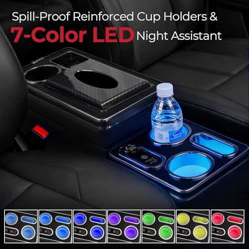 Donpida Center Console Between Seat Organizer for Minivans & SUVs - Tissue Box, Type-C & USB Fast Charge, 7-Color Ambient Light, Cup Holders, Middle Van Floor Console Storage Box (Black) - Image 5