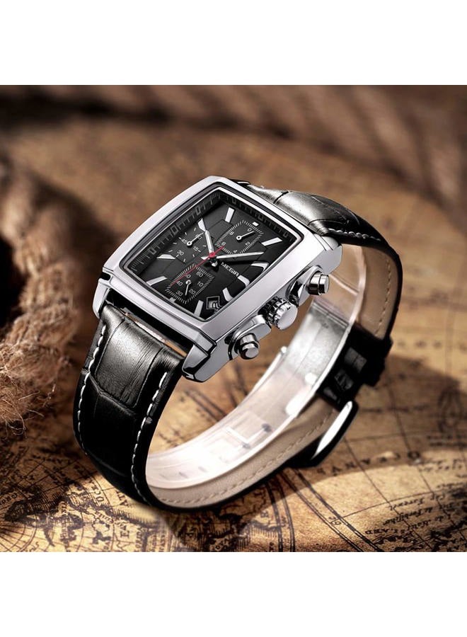MEGIR Men's Business Analog Chronograph Luminous Rectangle Quartz Watch with Stylish Leather Strap for Sport & Work - Image 3