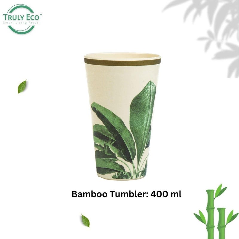 TRULY ECO SMART LIVING RETAIL Truly Eco Dinner Set Bamboo Tumbler Glass Non Toxic Reusable Dishwasher Safe Dinnerware Set EcoFriendly Biodegradable Crockery Set for Dining 400ml Green Leaves Glass Set of 3 - Image 4