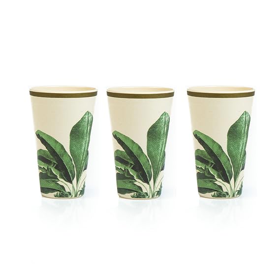 TRULY ECO SMART LIVING RETAIL Truly Eco Dinner Set Bamboo Tumbler Glass Non Toxic Reusable Dishwasher Safe Dinnerware Set EcoFriendly Biodegradable Crockery Set for Dining 400ml Green Leaves Glass Set of 3 - Image 1