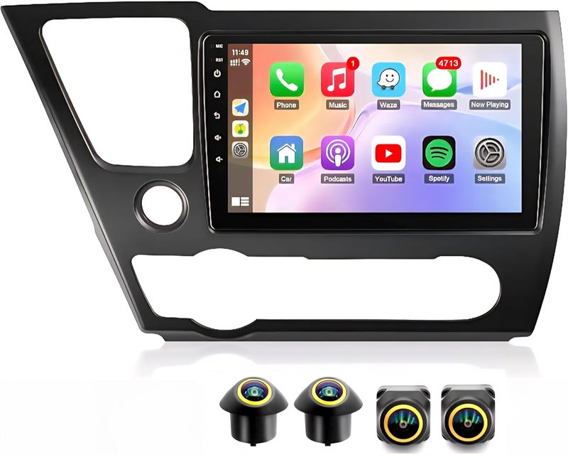 Vierex Fit Honda Civic Car Stereo Honda Civic 9th Android Screen 2013-2017, CarPlay & Android Auto, Wireless GPS Navigation, BT, WiFi, AHD Camera, Radio (4+32GB 360D Cameras) - Image 1