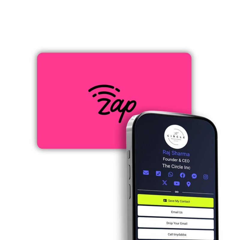 Tinydabba Zap NFC Smart Digital Business Card – Tap to Share Contact & Social Media Instantly | No App Needed | QR + NFC Card | Reusable Contactless Networking Card | PVC | Neon Pink - Image 1