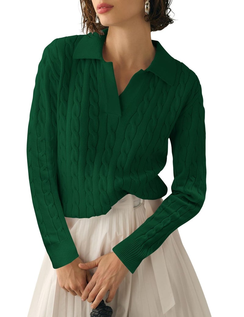 Micoson Womens Long Sleeve V Neck Sweater Lapel Knitted Pullover Fall Winter Tops Trendy 2024 Basic Warm Jumper (Green,L) - Image 1
