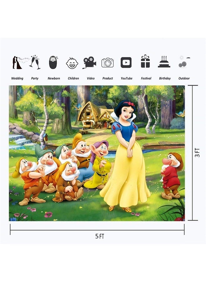 YouRan Princess Snow White Backdrop Enchanted Forest 5x3 Snow White and The Seven Dwarfs Party Background for Girl First Birthday Princess Vinyl Backdrops for Kids Room Wall Decor - Image 2