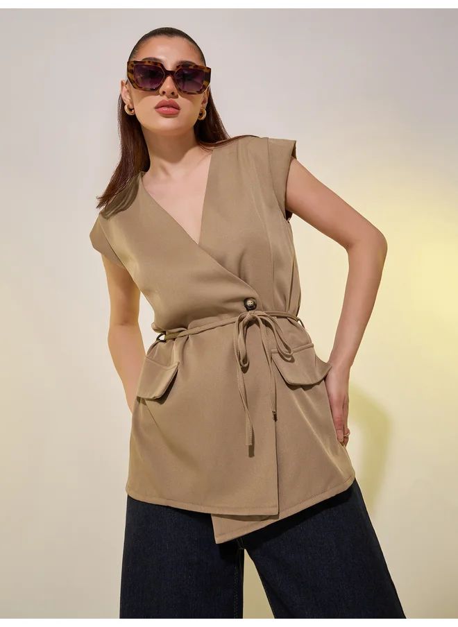 Take Two Take Two Solid Cap Sleeves Wrap Top with Tie-Up Belt
