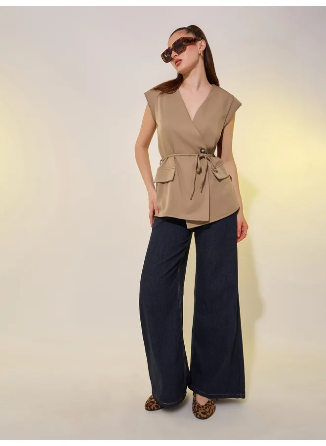 Take Two Take Two Solid Cap Sleeves Wrap Top with Tie-Up Belt