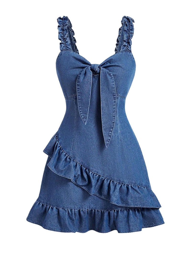WDIRARA Women's Tie Front Ruffle Denim Cami Dress Frill Trim Sleeveless Short Dress Medium Wash X-Large - Image 1