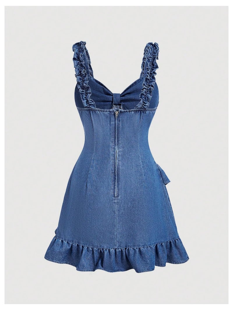 WDIRARA Women's Tie Front Ruffle Denim Cami Dress Frill Trim Sleeveless Short Dress Medium Wash X-Large - Image 3