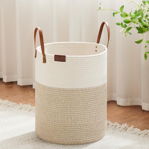 VIPOSCO Tall Laundry Basket Large Dirty Clothes Hamper with Leather Handle Woven Rope Storage Basket for Blanket Toy In Living Room Bathroom Bedroom 53L White Brown - Image 1
