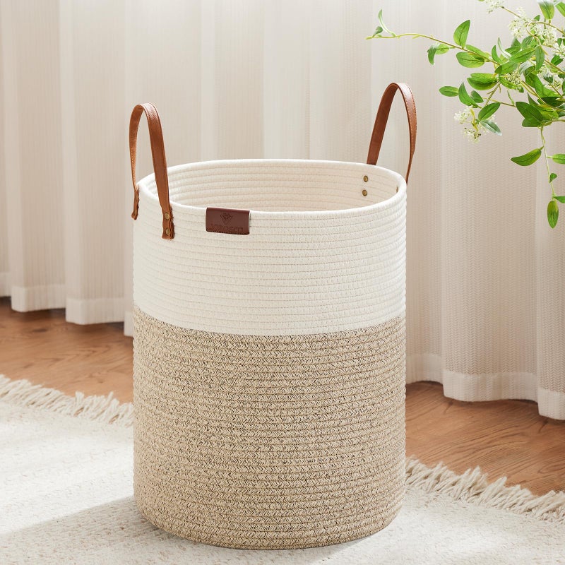 VIPOSCO Tall Laundry Basket Large Dirty Clothes Hamper with Leather Handle Woven Rope Storage Basket for Blanket Toy In Living Room Bathroom Bedroom 53L White Brown - Image 2