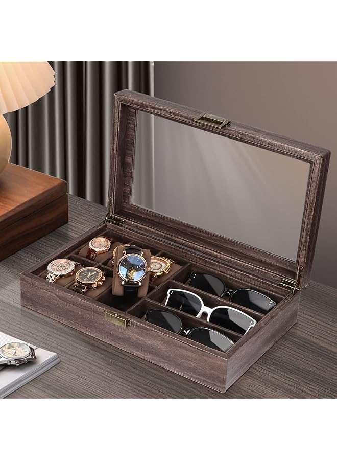 The Bros Watch Box Sunglass Organizer with Real Glass Top, 6 Watch Case and 3 Slots Sunglasses Box for Men Women - Image 1