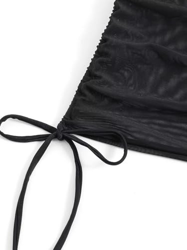 Falainetee Women's Drawstring Solid Mesh Sheer Summer Bikini Cover Up Skirt Black XS - Image 5