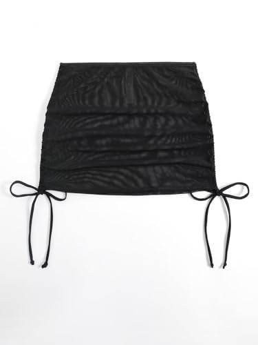 Falainetee Women's Drawstring Solid Mesh Sheer Summer Bikini Cover Up Skirt Black XS - Image 3