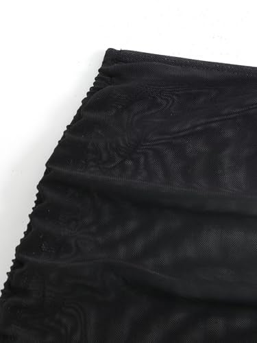 Falainetee Women's Drawstring Solid Mesh Sheer Summer Bikini Cover Up Skirt Black XS - Image 4