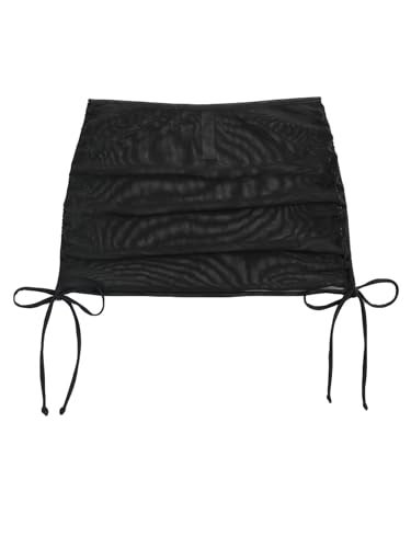 Falainetee Women's Drawstring Solid Mesh Sheer Summer Bikini Cover Up Skirt Black XS - Image 1