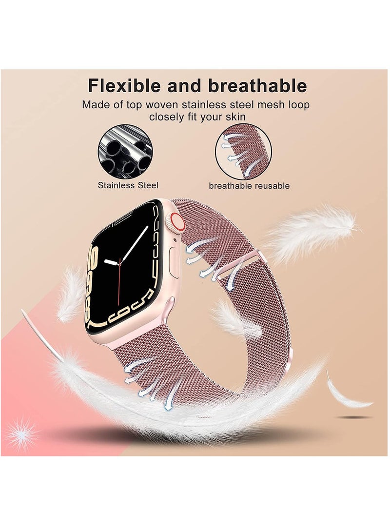 Compatible with Apple Watch Band Series 9/Ultra 2/SE/Ultra/8/7/6/5/4/3/2/1 38mm 40mm 41mm Stainless Steel Mesh Loop Magnetic Clasp Replacement for iWatch Bands Rose Gold  - Image 3