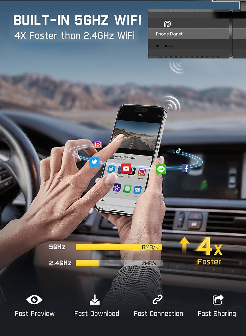 فون بلانيت كاميرا داش كام واي فاي بدقة 4K والرؤية الليلية وتسجيل الطوارئ لتجربة قيادة آمنة ومريحة - Image 5