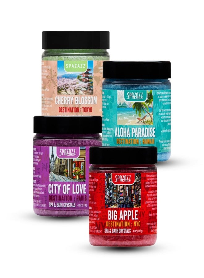 Spazazz Hot Tub Aromatherapy Destination Collection Bath Salt Crystals Four- 4oz Pack - Aloha Paradise, Big Apple, City of Love, Cherry Blossom - Bath Salts Perfect for Hot Tubs, Baths, and Foot Soaks - Image 1