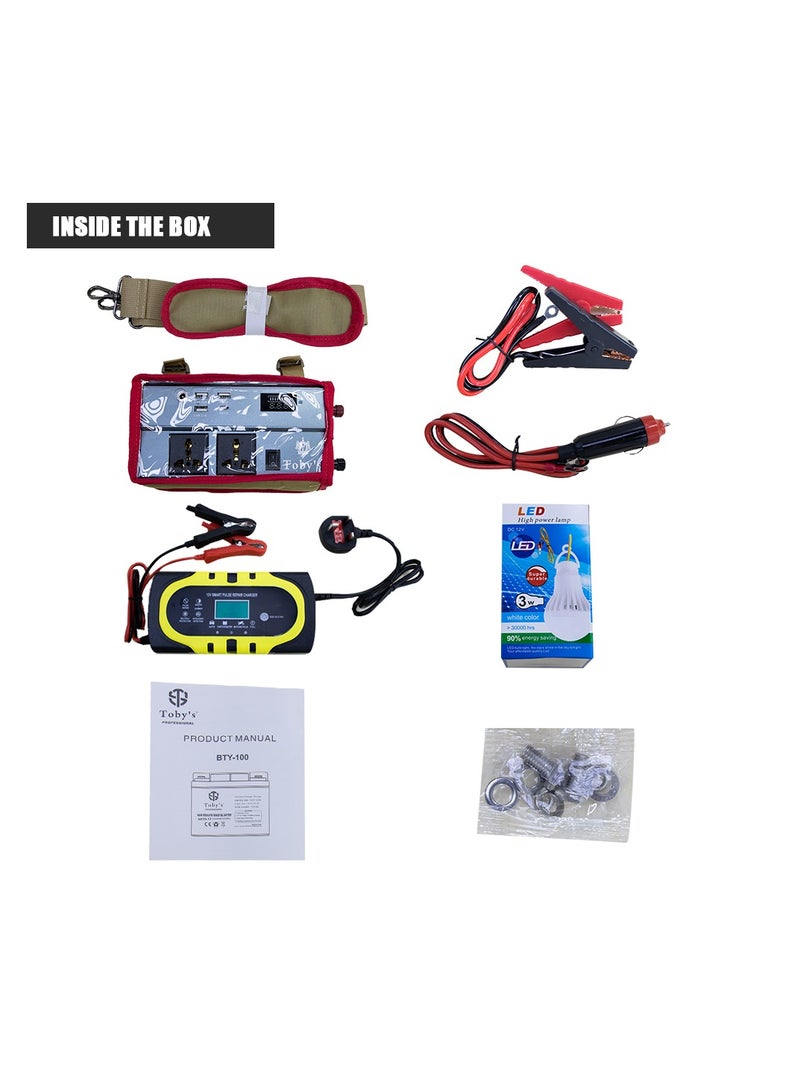 توبيز بطارية توبي BTY-100 بقوة 80000 مللي أمبير في الساعة مع عربة، بطارية قابلة لإعادة الشحن مع عاكس طاقة 500 واط مع مصباح صغير وإضاءة COB الأفضل للتخييم والأنشطة الخارجية - Image 3