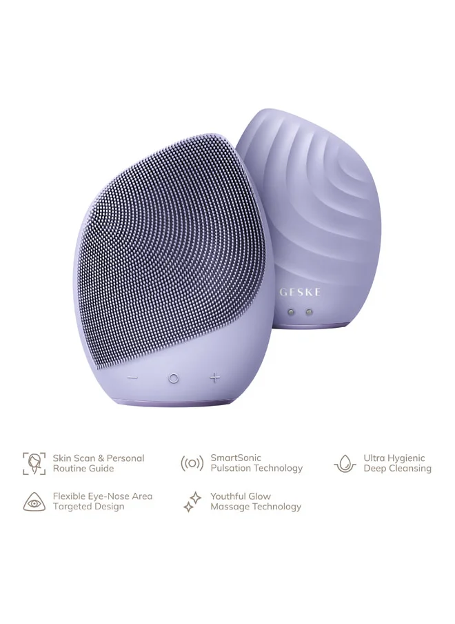 GESKE Smart App Guided Sonic Facial Brush 5 In 1 | Vibrating Electric Facial Cleansing Brush | Soft Silicone Brush | Professional Facial Cleanser | Skin Cleanser & Exfoliator | Face Massager - Purple