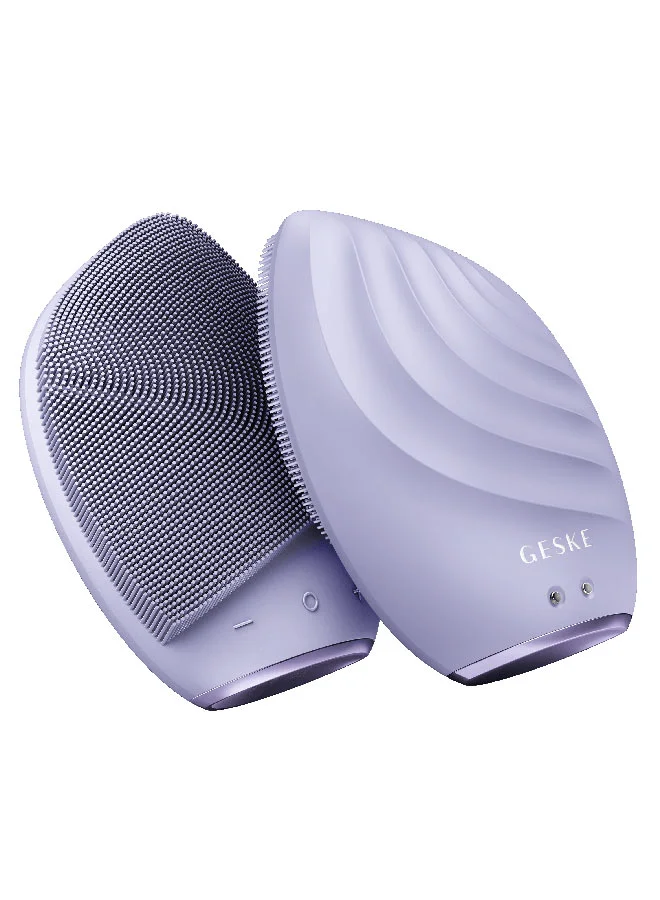 GESKE Smart App Guided Sonic Facial Brush 5 In 1 | Vibrating Electric Facial Cleansing Brush | Soft Silicone Brush | Professional Facial Cleanser | Skin Cleanser & Exfoliator | Face Massager - Purple