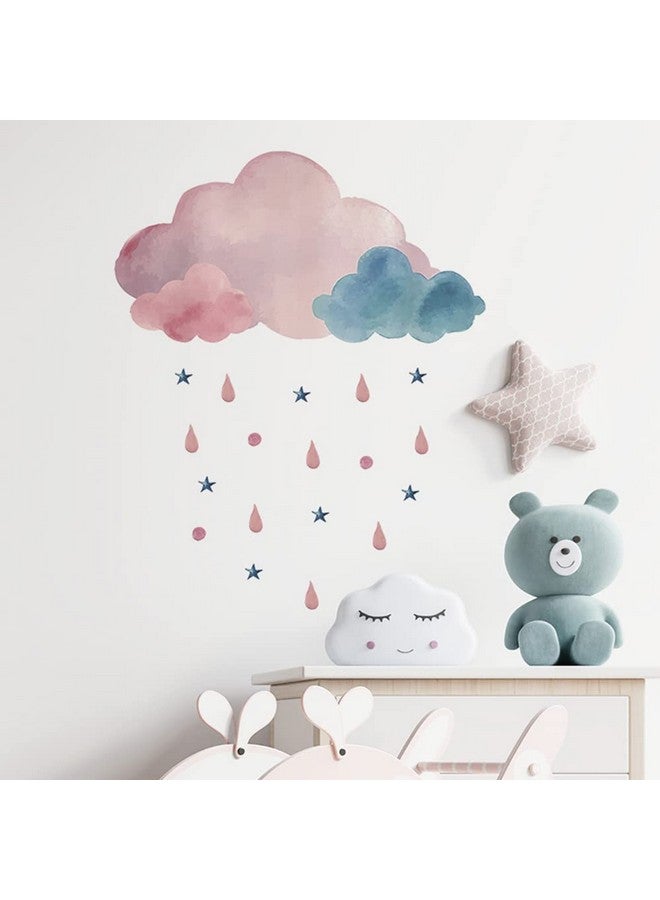 Boodecal Pink Watercolor Cloud Rain Drops Stars Raining Kids Zone Wall Stickers Wall Murals Decals for Kids Nursery Bedroom Living Room 14.5 in x 18.1 in - Image 1