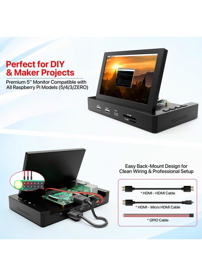 ROADOM 5'' Mini Monitor with Raspberry Pi Mount Holes & USB HUB, Type-C One-Cable Connection&Speakers, All-in-One Storage Dock, Pocket IPS Screen for PC monitoring/Gaming/AIDA64/Streaming Partner - Image 4