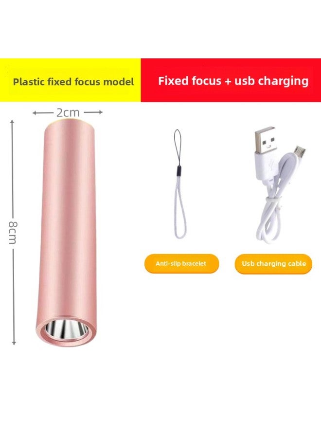 Portable Aluminum Alloy Flashlight Telescopic Zoom Strong Light Cob Work Light Led Rechargeable Mini Flashlight-Color:525 Rose Gold-plastic Fixed Focus + Hand Rope + USB Line  - Image 1