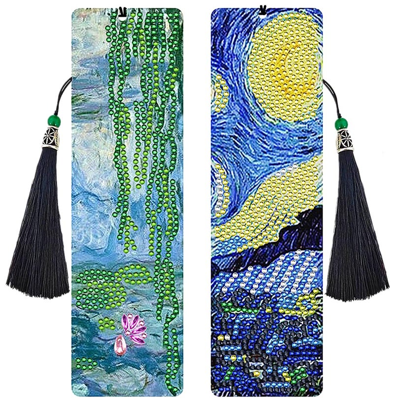 NIHOJIUMA NIHO-JIUMA Diamond Painting Bookmark Kits Starry Night & Water Lily, DIY Crystal Diamond Art Tassel Acrylic Bookmark Kits Gift for Adult/Teen (2 Pack) - Image 1