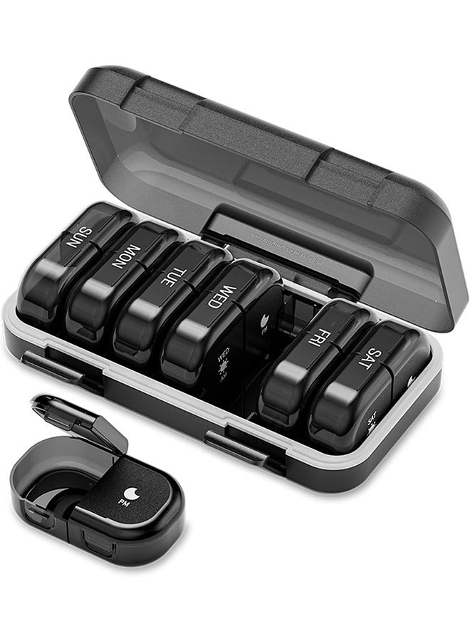 شو وو منظم حبوب أسبوعي 3 مرات في اليوم، صندوق حبوب سفر محمول 7 أيام مع حاويات حبوب كبيرة، حافظة حبوب مقاومة للضوء للفيتامينات والأدوية والمكملات الغذائية وزيوت السمك (أسود) - Image 1