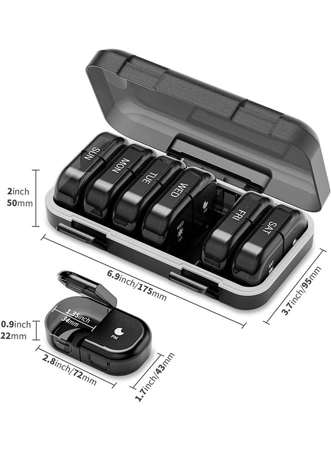 شو وو منظم حبوب أسبوعي 3 مرات في اليوم، صندوق حبوب سفر محمول 7 أيام مع حاويات حبوب كبيرة، حافظة حبوب مقاومة للضوء للفيتامينات والأدوية والمكملات الغذائية وزيوت السمك (أسود) - Image 2