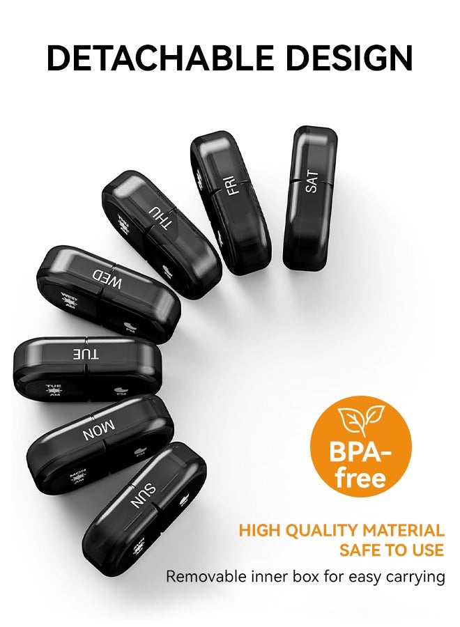 شو وو منظم حبوب أسبوعي 3 مرات في اليوم، صندوق حبوب سفر محمول 7 أيام مع حاويات حبوب كبيرة، حافظة حبوب مقاومة للضوء للفيتامينات والأدوية والمكملات الغذائية وزيوت السمك (أسود) - Image 3