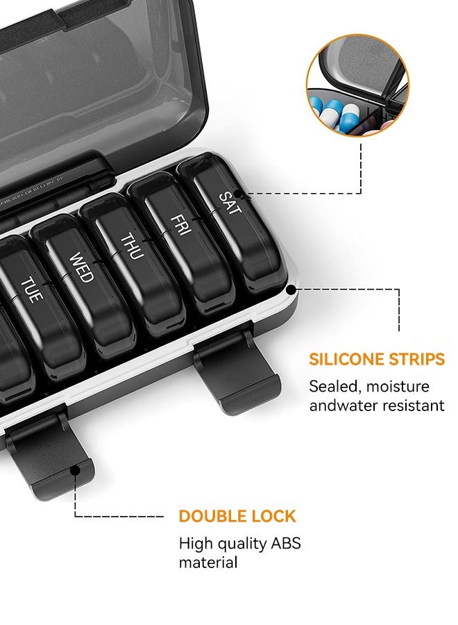 شو وو منظم حبوب أسبوعي 3 مرات في اليوم، صندوق حبوب سفر محمول 7 أيام مع حاويات حبوب كبيرة، حافظة حبوب مقاومة للضوء للفيتامينات والأدوية والمكملات الغذائية وزيوت السمك (أسود) - Image 5