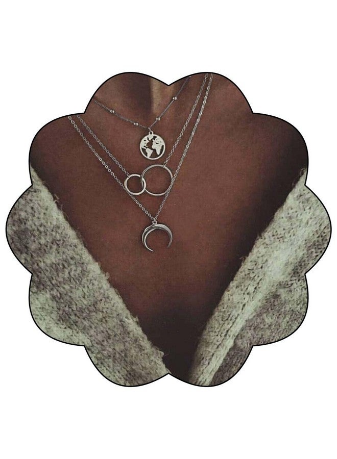 Edary Boho Layered Necklace Moon Necklaces Map Pendant Silver Jewelry For Women And Girls(Silver) - Image 1