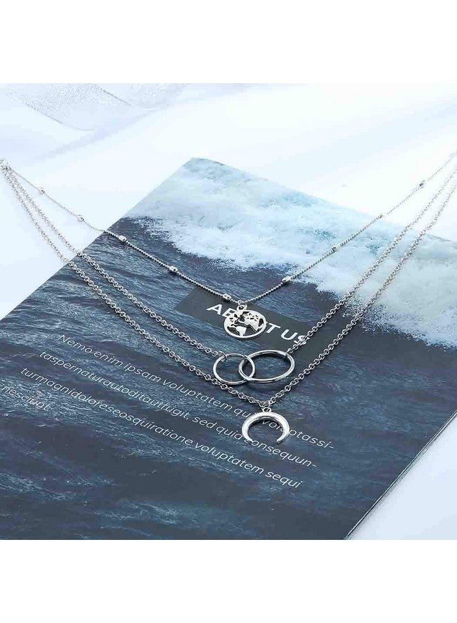 Edary Boho Layered Necklace Moon Necklaces Map Pendant Silver Jewelry For Women And Girls(Silver) - Image 2