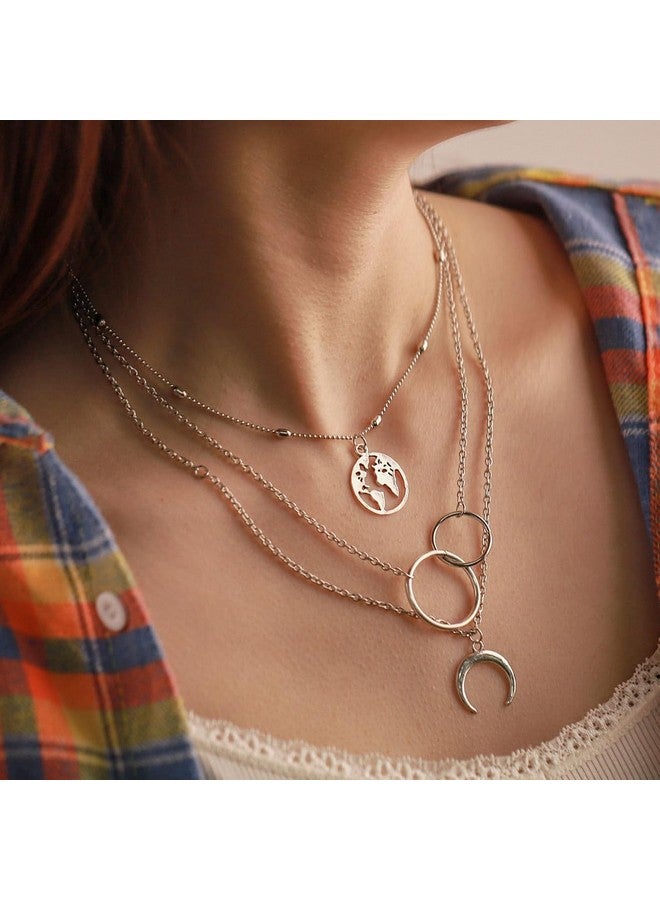 Edary Boho Layered Necklace Moon Necklaces Map Pendant Silver Jewelry For Women And Girls(Silver) - Image 3