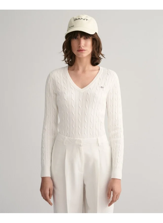 غانت Gant Stretch Cotton Cable Knit V-Neck Sweater