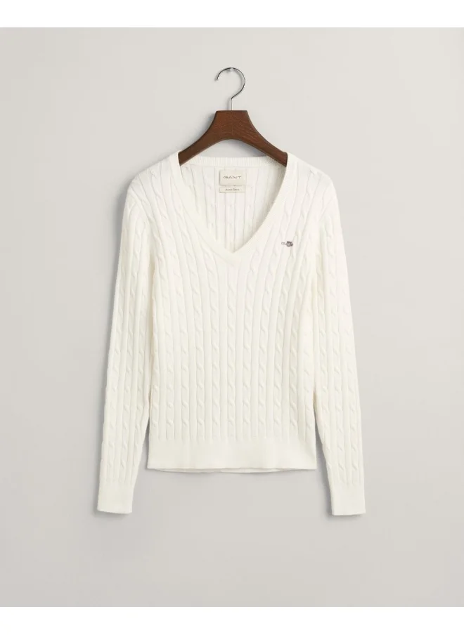 غانت Gant Stretch Cotton Cable Knit V-Neck Sweater