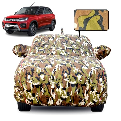 Slamio Car Cover for Maruti Suzuki Vitara Brezza 2016-2021 Models | Waterproof, Dustproof, UV Resistant | All-Weather Protection with Mirror & Antenna Pockets | Custom Fit, Triple Stitch, Jungle Print - Image 1